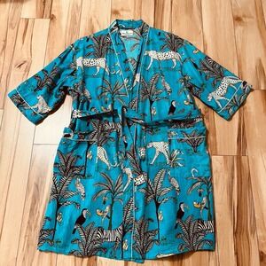 The Fox and the Mermaid Venice Jungle Animal Cotton Boho Robe Kimono One Sz Blue
